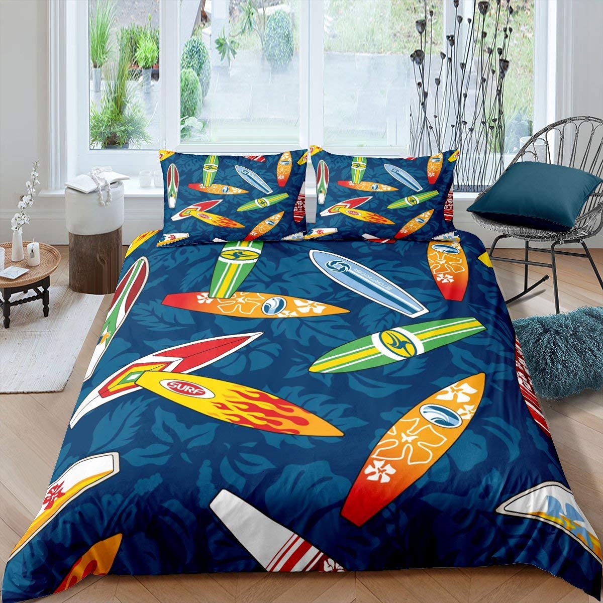Sezhiqeu Housse de Couette 220x240 Planche de Surf Parure de Lit Thème Nautique Adulte 2 Personnes en Microfibre Doux Imprimée 3D avec Fermeture Éclair avec 2 Taies d'oreiller F-400