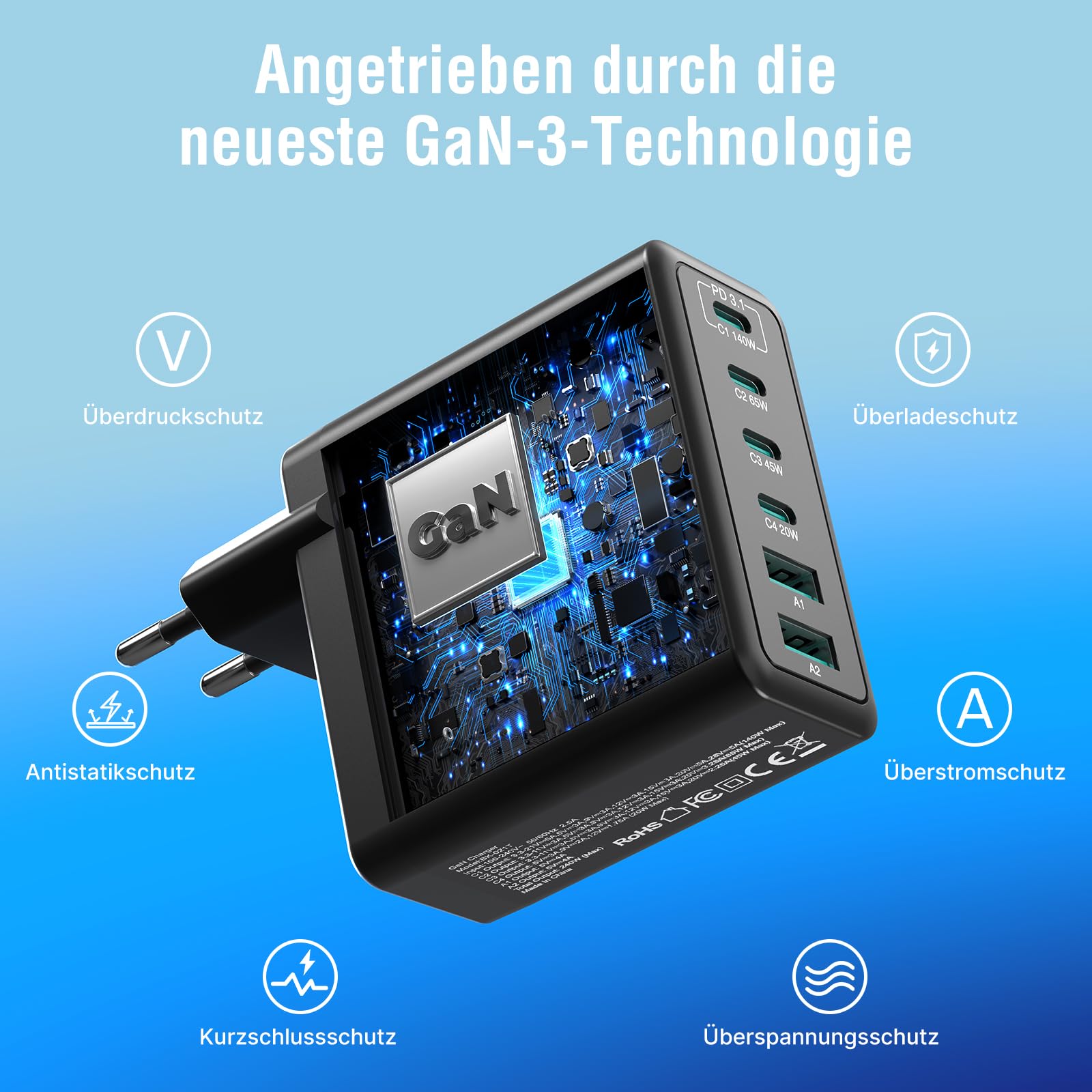 Caricatore USB C da 240 W, 6 porte, stazione di ricarica PD 140 W, 100 W, 65 W, 45 W, 30 W, GaN-III, alimentatore compatibile con MacBook Pro/Air, Dell XPS, laptop, iPad/Pro, iPhone, Samsung, Galaxy