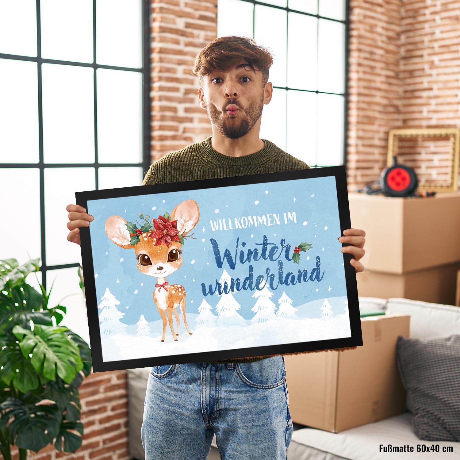 speecheese Rehkitz Fußmatte XXL in 50x75 cm mit Spruch Willkommen im Winterwunderland eine weihnachtliche Türmatte für die Wintermonate oder Weihnachten
