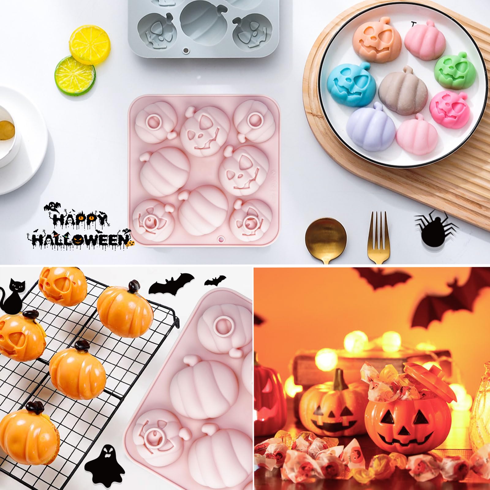 Moule à Chocolat Silicone Halloween - 18 Cavités (crâne, Citrouille, Fantôme...) - Résistant à La Chaleur - 18.3x12.5cm
