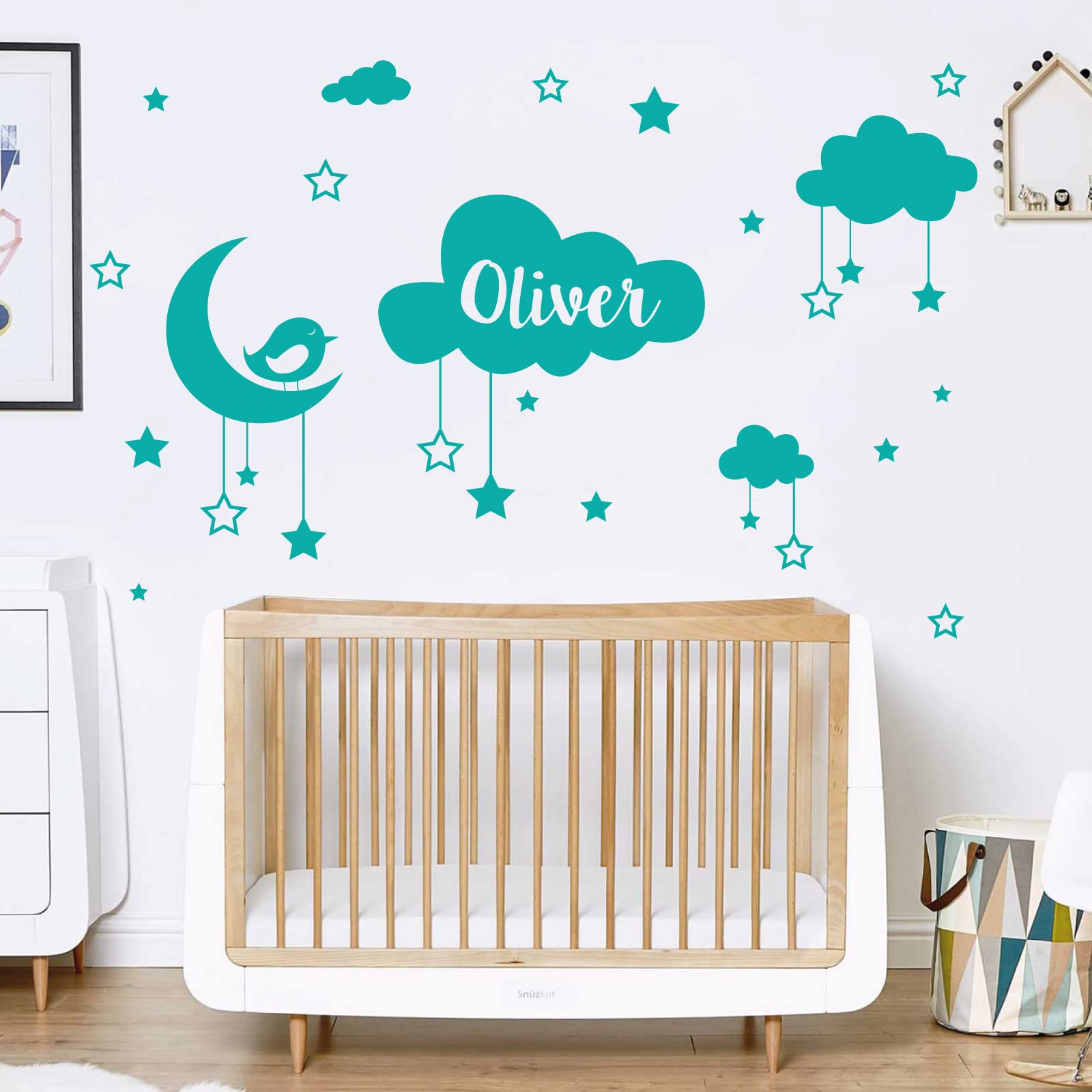 Personalised Name Baby Wall Sticker - Clouds, Stars, Moon & Bird [Large] [Turquoise]