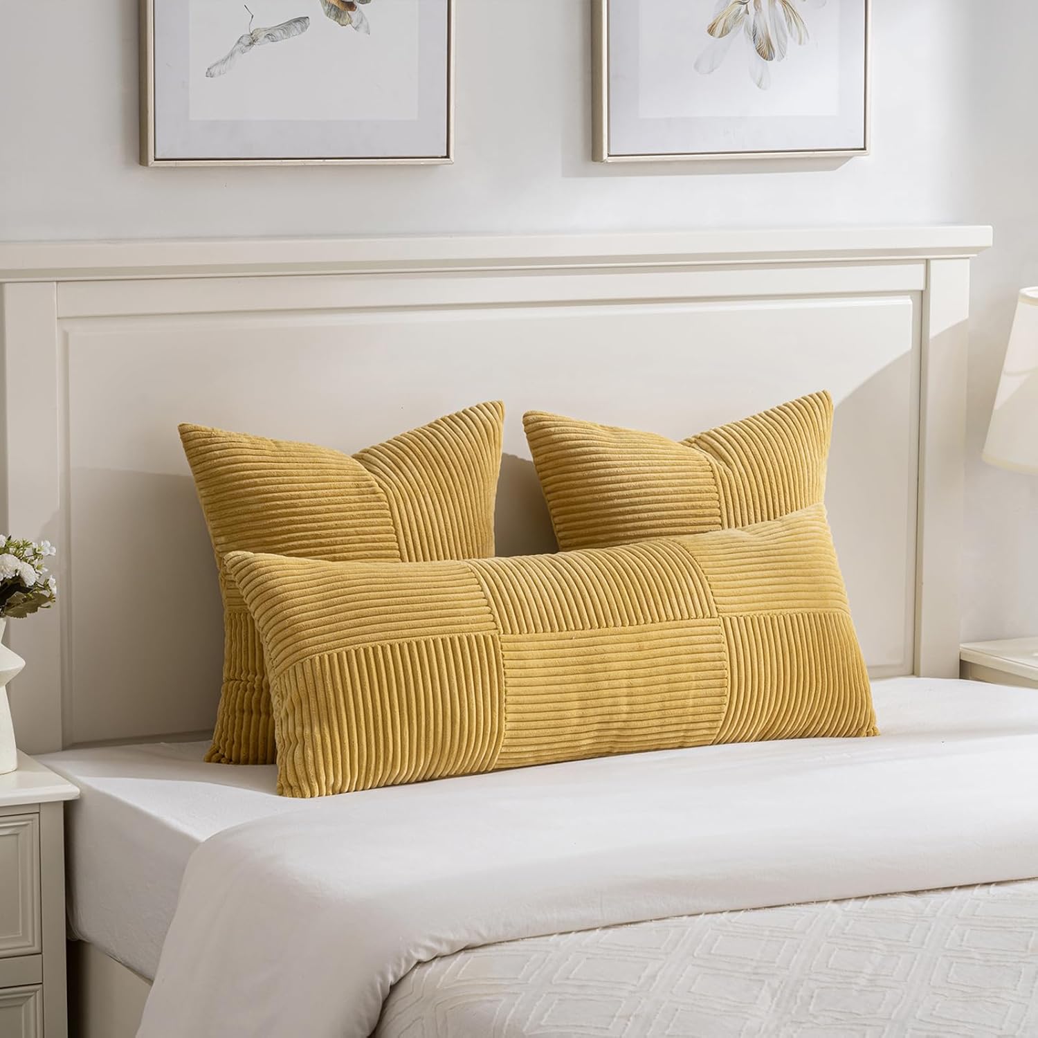 Fancy Homi 2 Packs Mustard Yellow Euro Decorative Throw Pillow Covers 26x26 Inch for Living Room Couch Bed, Farmhouse Boho Home Decor, Soft Corss Corduroy Patchwork Square Cushion Case 66x66 cm - Image 5