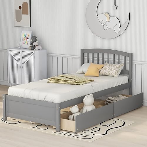 Miniatura 9 de Cama de almacenamiento de plataforma individual con cabecero, marco de cama de madera maciza con dos cajones (nogal, tamaño individual)