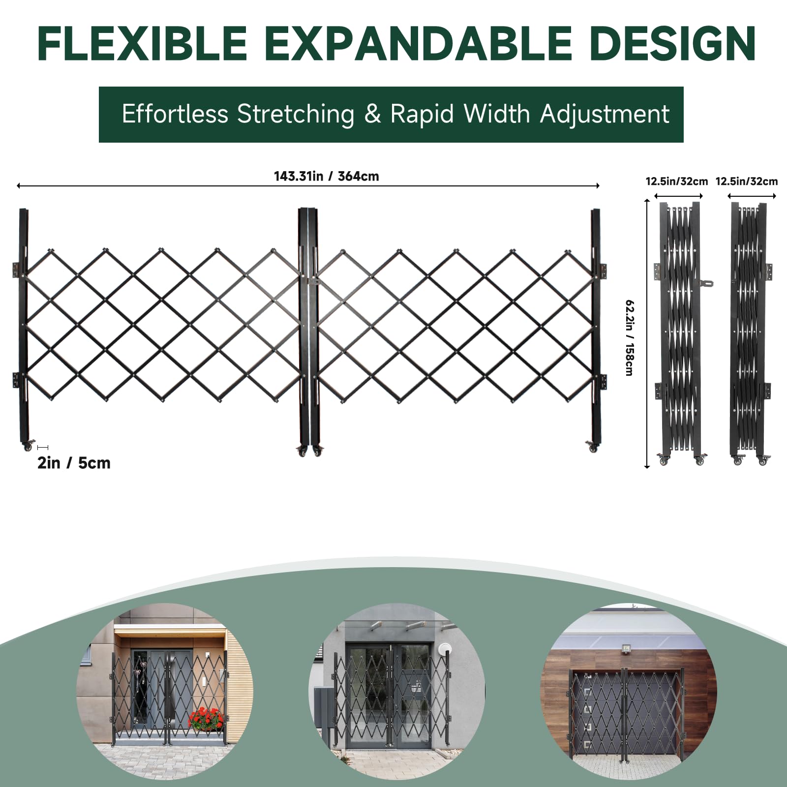 Double Folding Security Gates Accordion Door, 143" W x 62" H Metal Expandable Fence 360Rolling Expanding Outdoor Security Scissor Gate for Courtyards, Garages, Gardens (143" W x 62" H) - 3