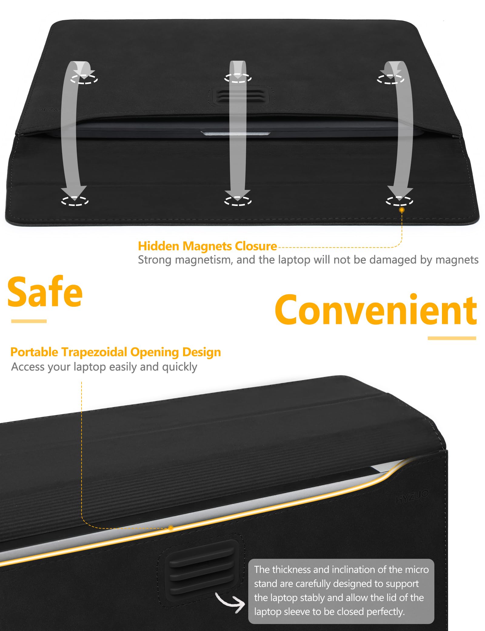 HYZUO 15-16 Pulgadas Funda Bolsa Portátil con Soporte Ajustable para MacBook Pro 16 M5/M4/M3/M2/M1 A3428 A3429 2026-2019, XPS 15, MacBook Pro 15 2015-2012, HP Envy 15,6, Negro