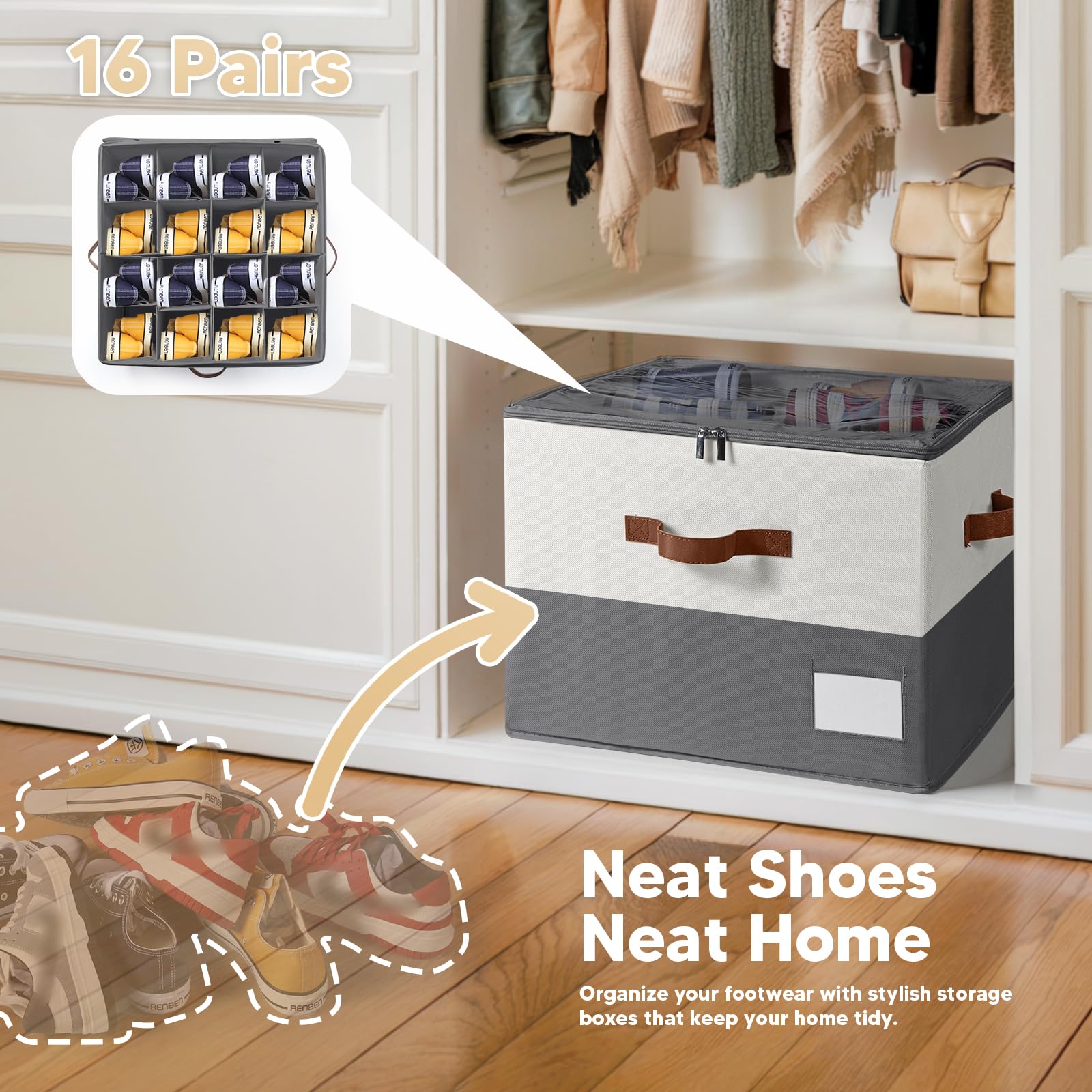 Organizer per scarpe per armadio, può contenere fino a 32 paia, grande contenitore per scarpe con coperchio trasparente, con divisori regolabili per scarpiere, contenitori salvaspazio per scarpe,