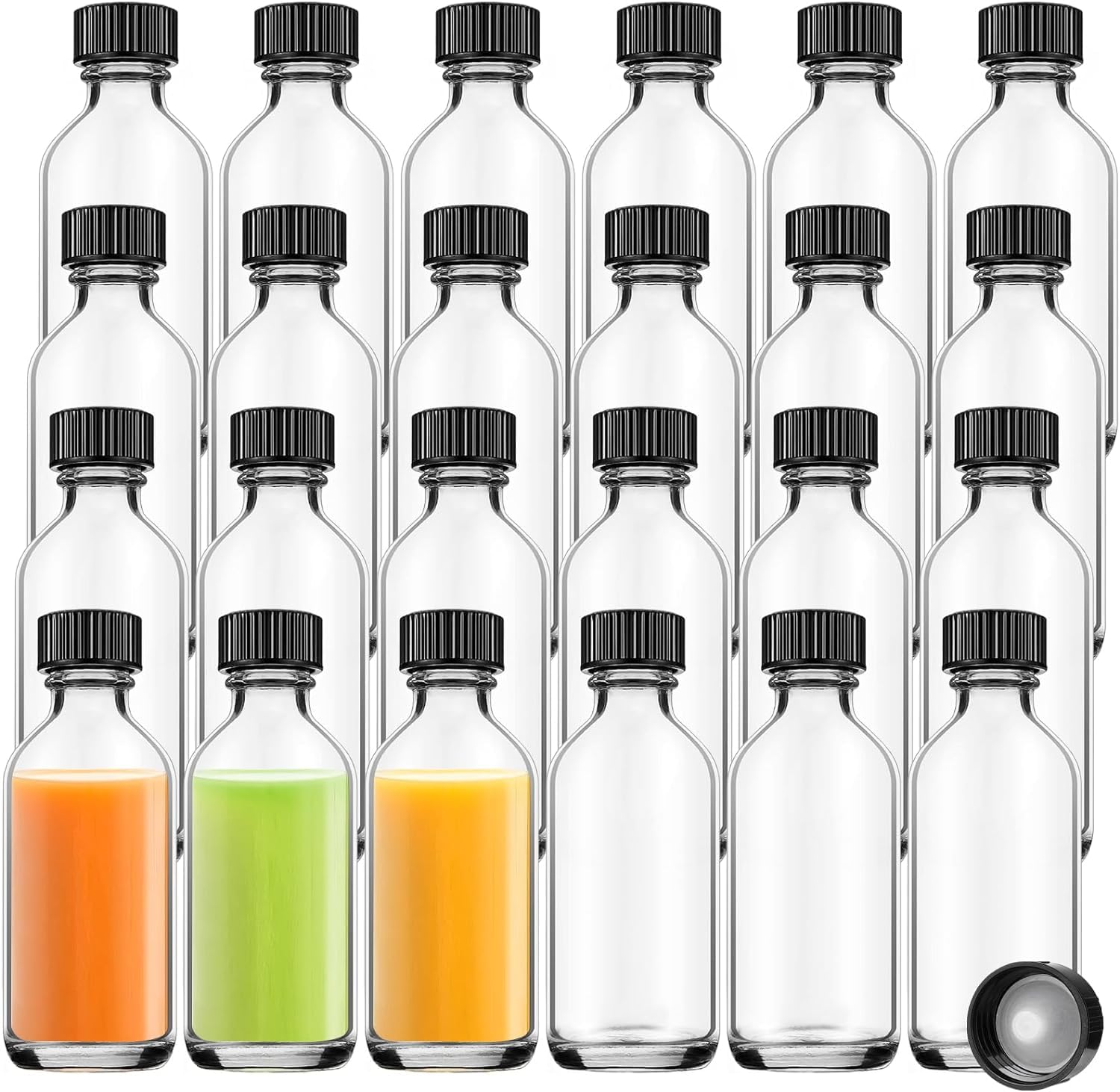 Malloom 24 Pack 120ML Clear Round Boston Bottles with Black Poly Cone Cap, Small Leak-proof Glass Sample Bottles for Essential Oils, Potion, Ginger Shots, Alcohol, Juice, Liquids (4 Ounces)