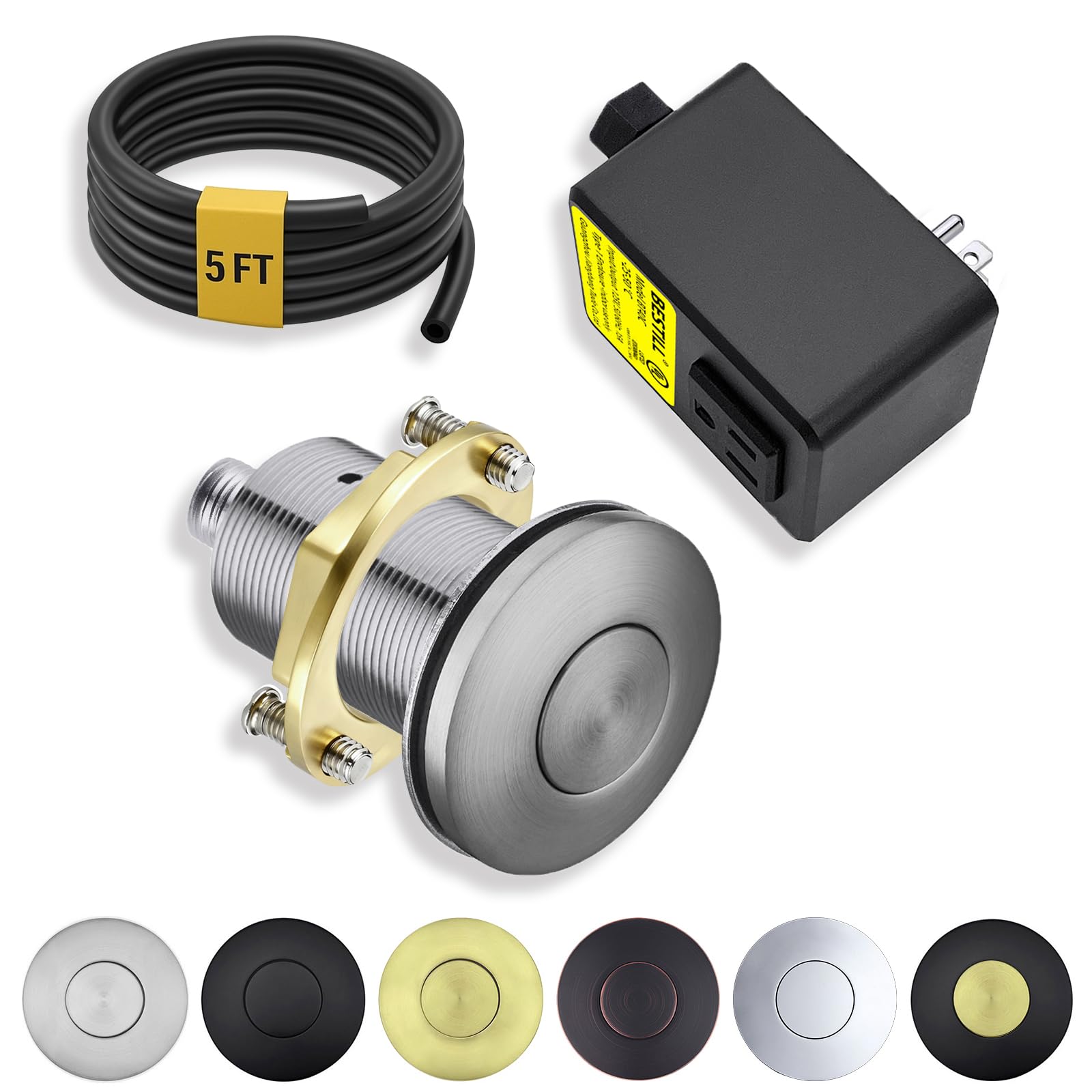 BESTILL Garbage Disposal Air Switch Kit - Professional, UL Listed All Metal Sink Top On/Off Push Button for Food Waste Disposer, Brushed Nickel, Compatible with all Garbage Disposals