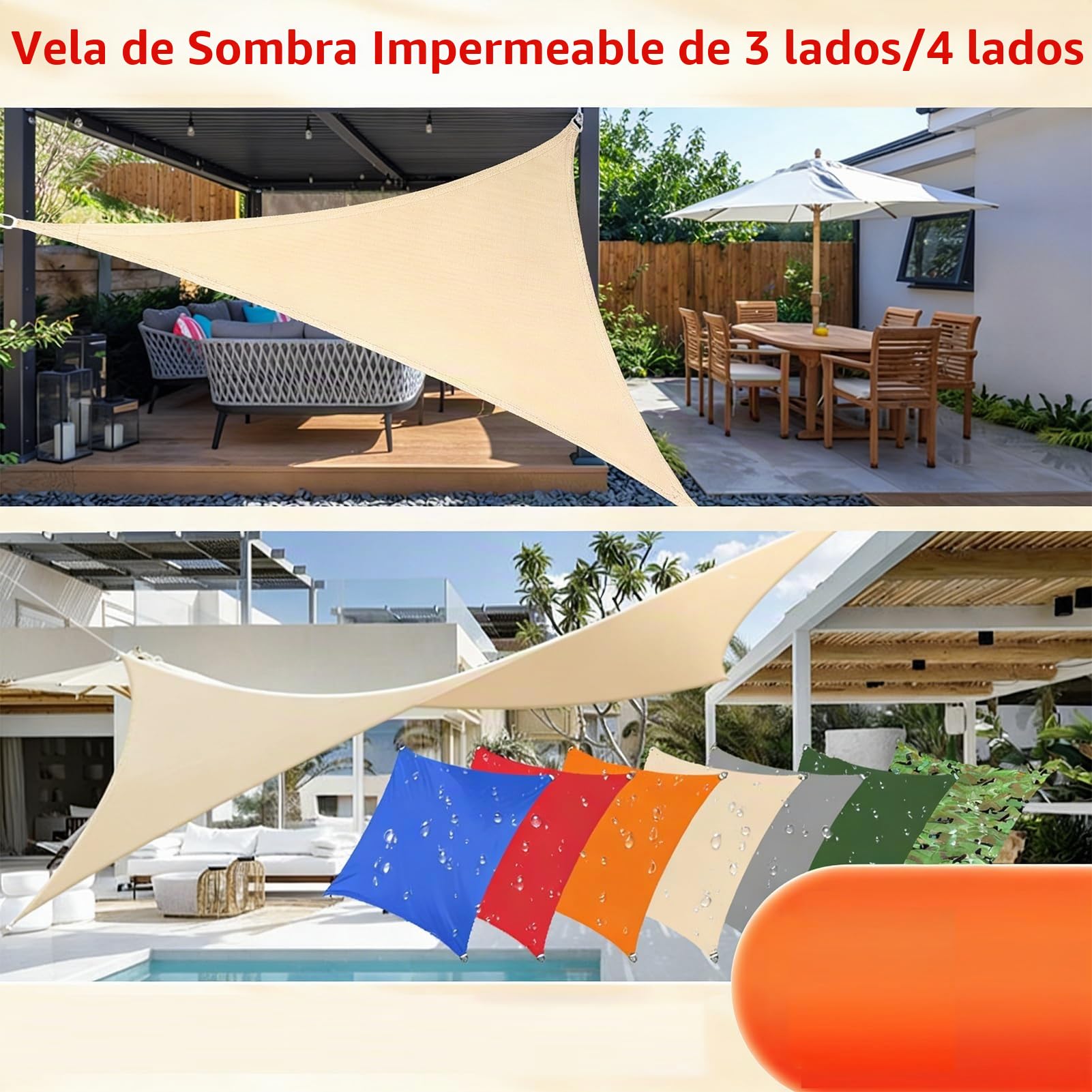 Vela de Sombra Resistente - Lona Impermeable con protección UV para terraza, jardín y Piscina | Fácil instalación con Esquinas reforzadas para Patio y Exterior