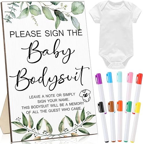 Qunclay 12 piezas de recuerdos de fiesta de juego de baby shower con body blanco unisex, letrero de madera, decoración de mesa y marcador para