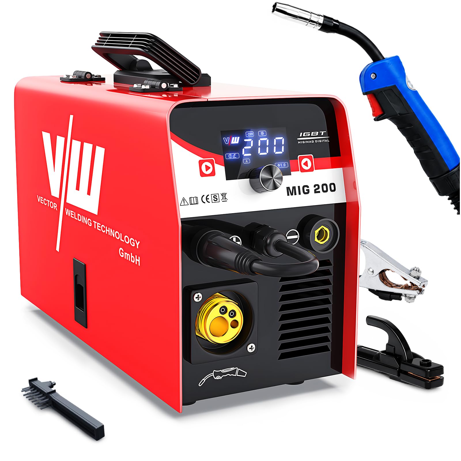 VECTOR WELDING Soldador MIG MAG 200A, Soldador de Hilo Inverter 4 en 1 | Gas MIG/Flux/MMA/Lift-TIG, Máquina de Soldar con Pantalla LED, MCU, IGBT, para Soldar con y sin Gas