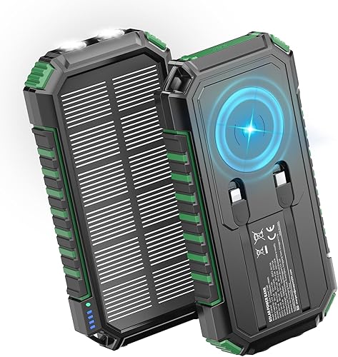 Riapow Cargador solar - Cargador portátil inalámbrico de 27000 mAh, 2 cables integrados, batería de carga rápida de 22.5 W con entrada y salida USB