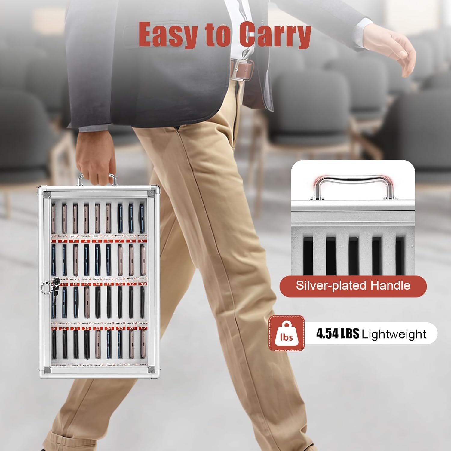 36 Slots Cell Phone Locker for Classroom Aluminum Alloy Cell Phones Storage Cabinet Portable School Pocket Chart Locker Box w/Lock and Handle for Office Classroom Conference Room Table Wall Silver