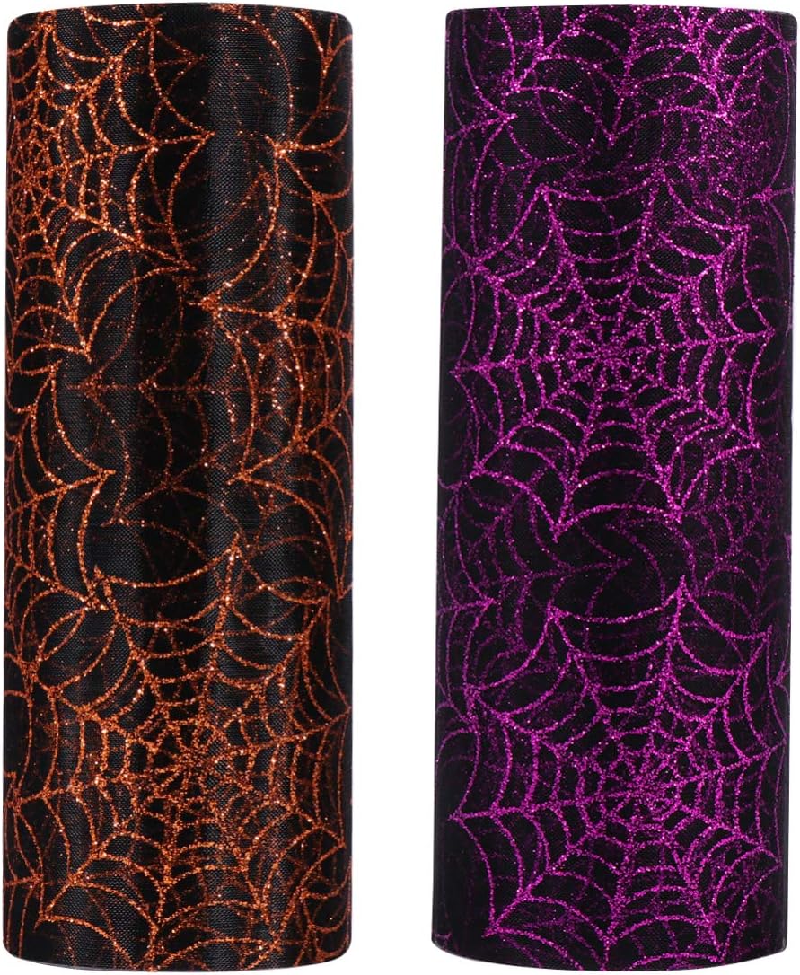 2 Rolls Halloween Tulle Gauze Spider Web Tulle Rolls Glitter Fabric Netting for Wrapping Halloween Decoration Supplies 10 Yards