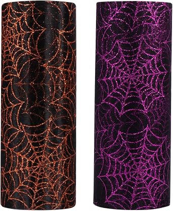 2 Rolls Halloween Tulle Gauze Spider Web Tulle Rolls Glitter Fabric Netting for Wrapping Halloween Decoration Supplies 10 Yards