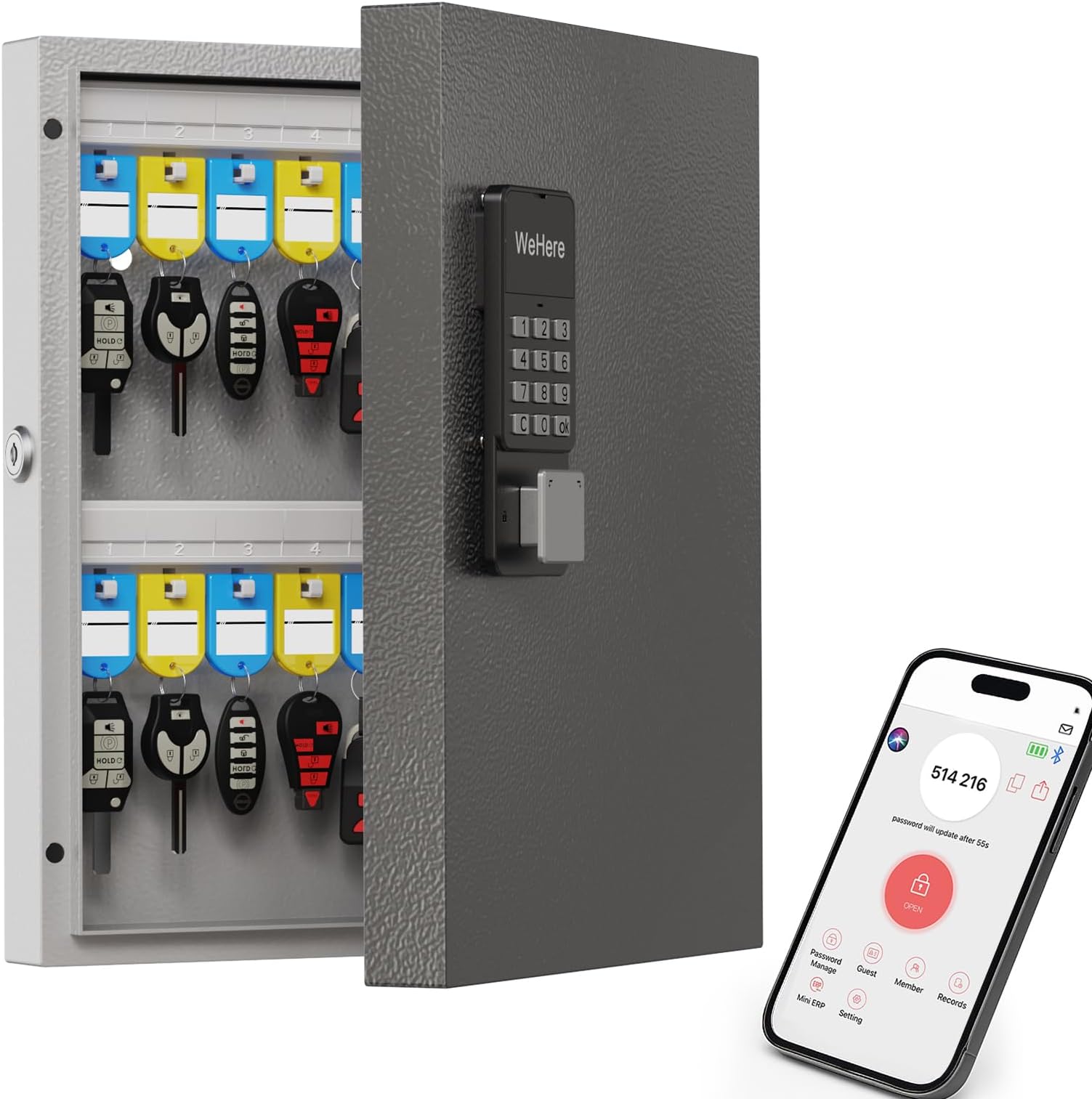 32 Key Lock Box Wall Mount, Smart Key Cabinet One Time Password/APP Bluetooth/Fixed/Wi-Fi Remote/Key Unlock, Key Management for Valets/Realtors/Office/Hotel