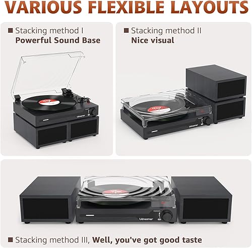 Miniatura 9 de Tocadiscos de vinilo con altavoces, tocadiscos portátil Bluetooth para discos de vinilo, reproductor de fonógrafo LP con 3 velocidades USB RCA en