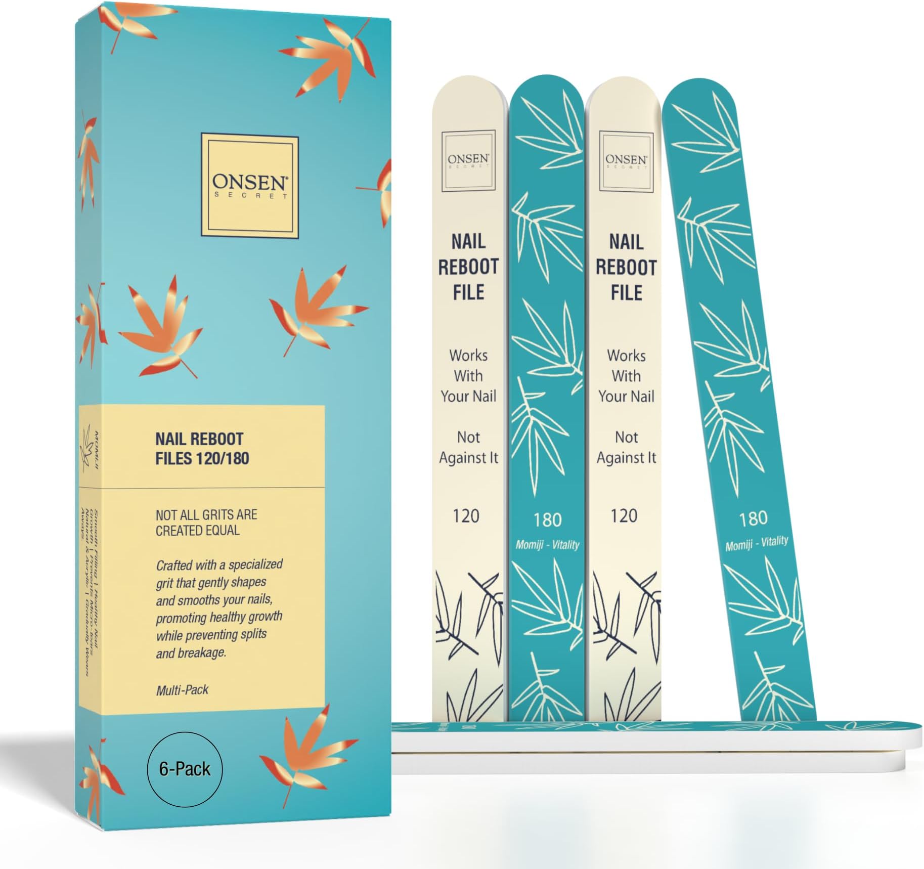 Japanese Nail File - Professional 6-Pack Nail Files, Double Sided Natural & Acrylic Filers - 120/180 Grit - Disposable, Salon Smooth | Best Onsen File for Shiny Nails