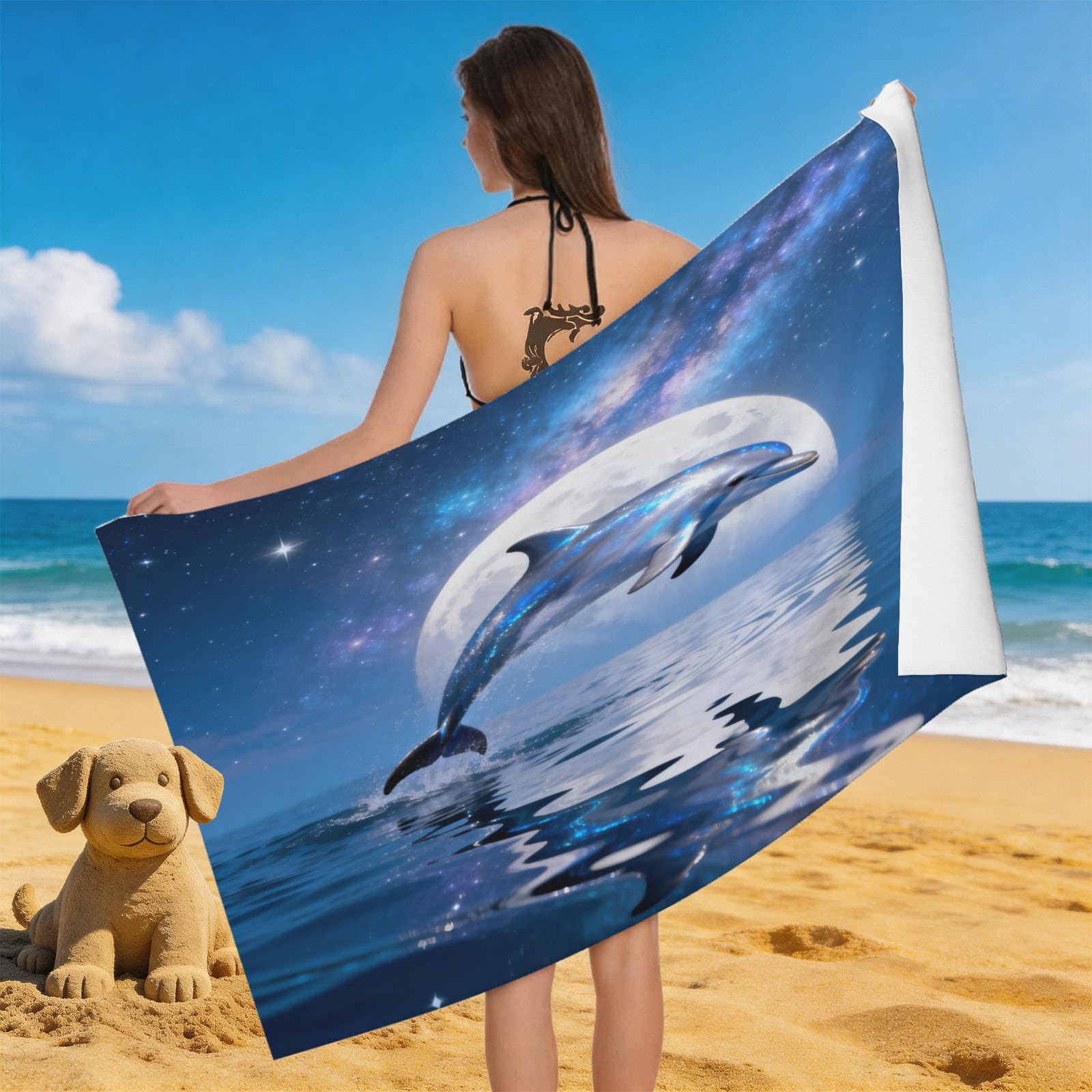 Leichong 3D Dolphin Beach Towel Large Microfiber Soft Quick Dry for Adults, Starry Sky Bath Towel Lightweight Soft Absorbent for Travel Swimming Pool Sports, 180 x 90 cm