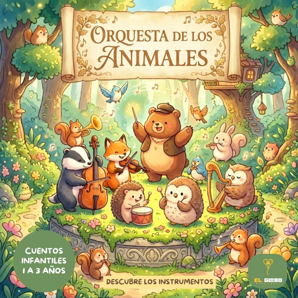 Orquesta de los animales: Cuento infantil de instrumentos musicales para niños de 1 a 3 años: Descubre la música y los sonidos con animales de la naturaleza | Libro de aprendizaje temprano | Español