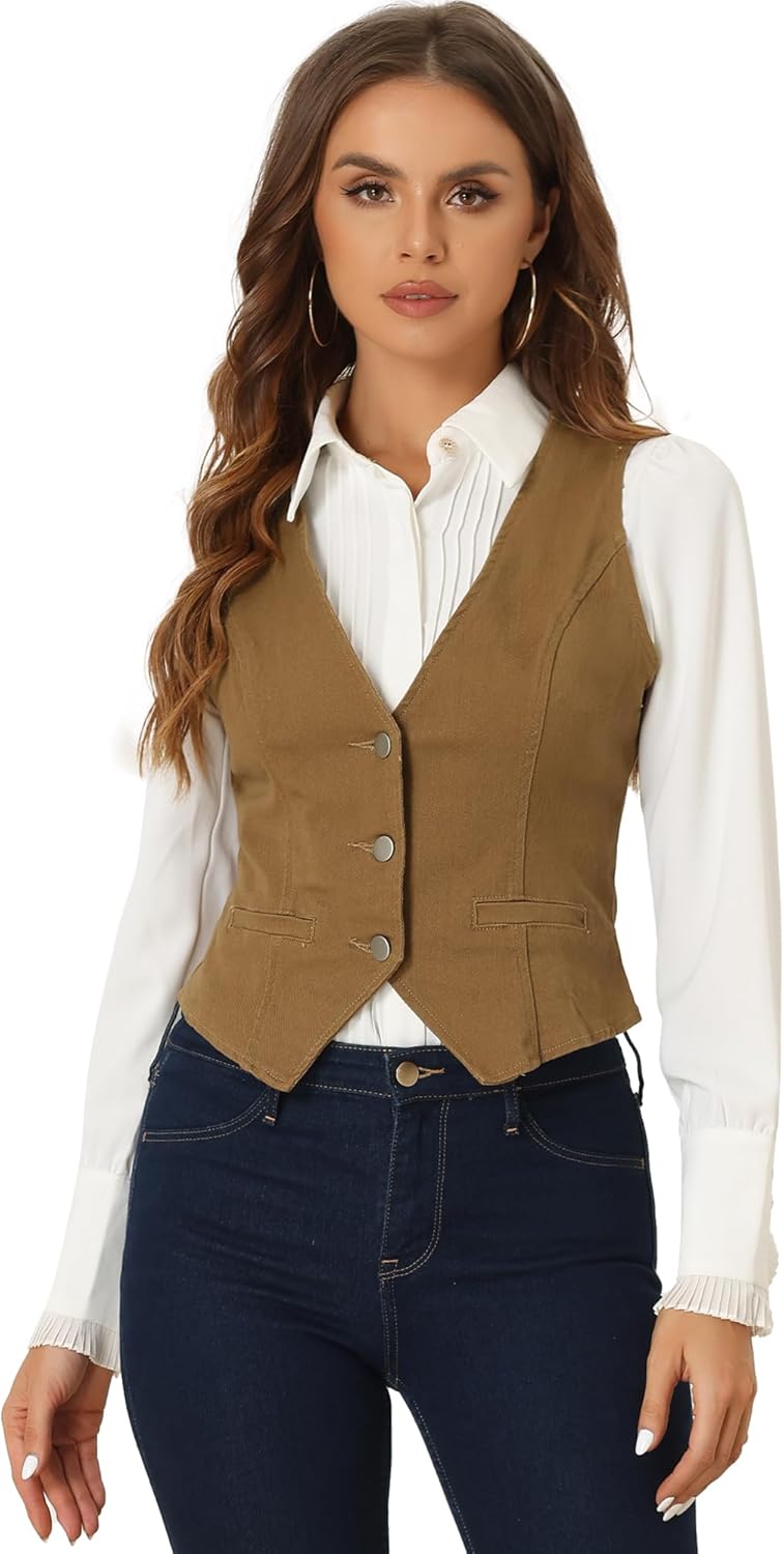 Allegra K Women's Denim Vest Waistcoat Button V Neck Western Casual Jean Sleeveless Crop Jacket