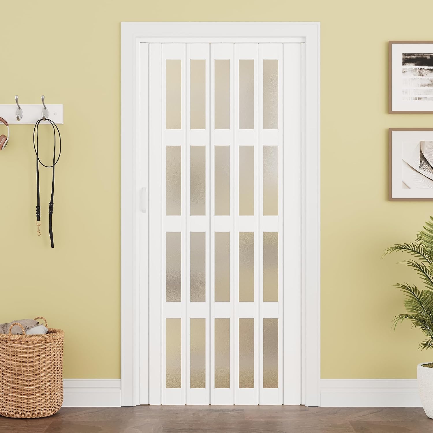 WINSTELLAR 36" x 80" Enhanced Accordion Doors with 4 Frosted Acrylic Panels, Bifold Closet Door Hardware Kit Included, PVC Interior Folding Doors with 2 Handles for Closet Bathroom Doorways