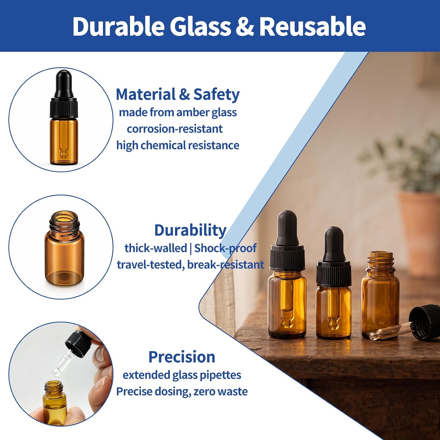 100Pcs Mini Amber Thick Glass Dropper Vial Bulk for Essential Oils, Empty Eye Dropping Bottle W Black Screw Cap for Perfumes Cosmetics Liquids Aromatherapy Lab Sample Containers (3ml)
