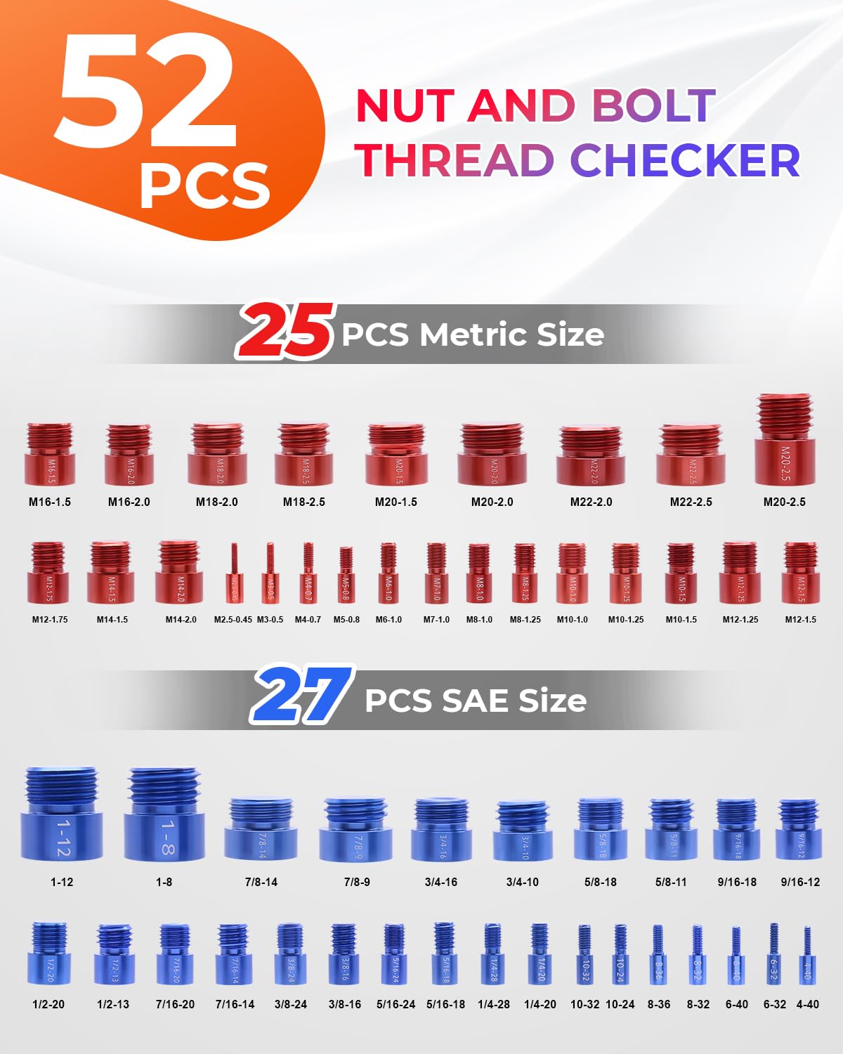 52pcs Thread Checker, 27 SAE & 25 Metric Nut and Bolt Thread Checker, Thread Gauge, Bolt Size Finder Kit for Size Check in Tricky and Narrow Areas