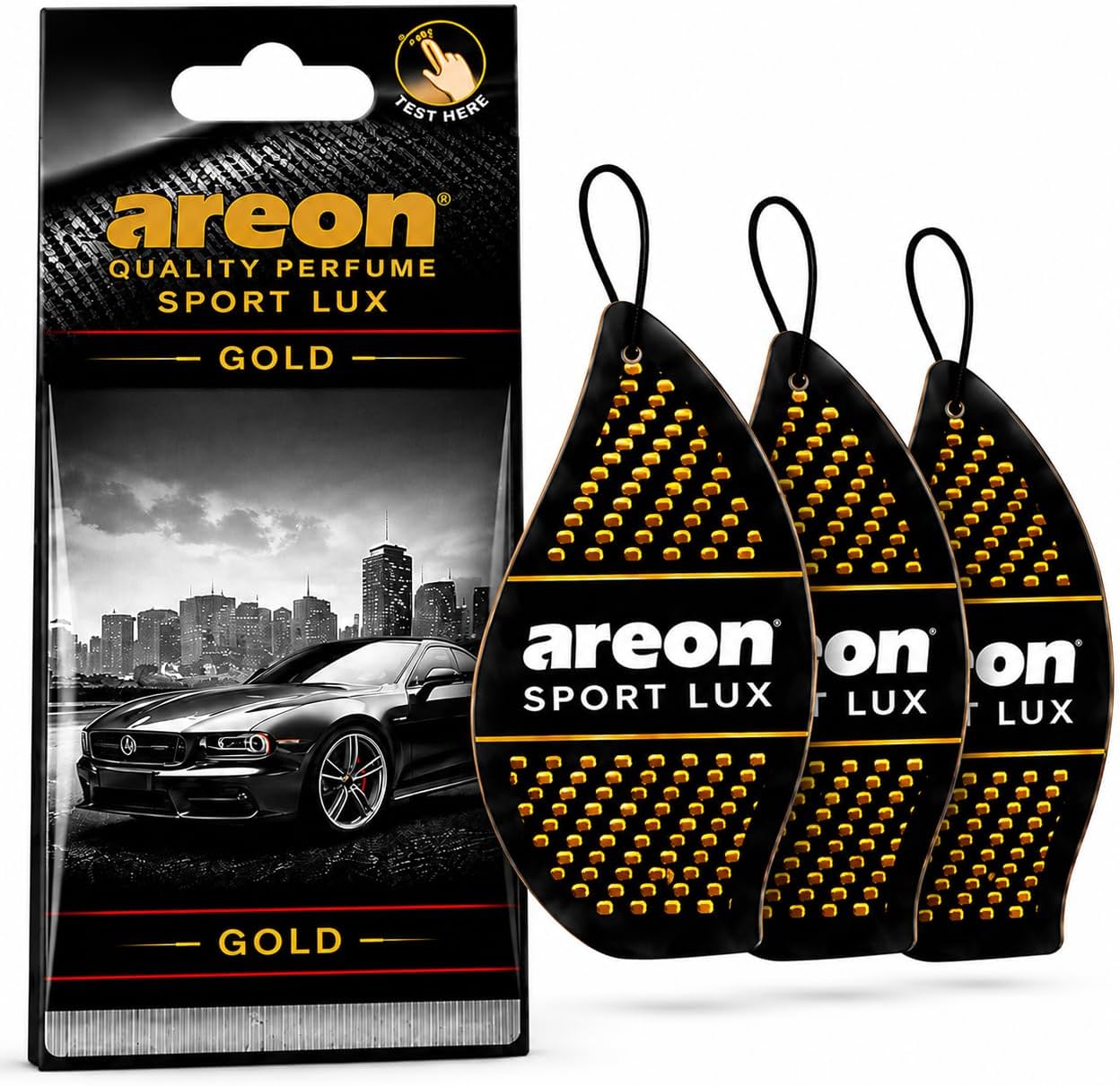 AREON Sport Lux GOLD - Hanging Cardboard Air Freshener for Car, Home & Office - Premium Cologne Perfume with Natural Fragrances - Long Lasting, Fresh, Luxurious Scent - Stylish Design, Pack of 3