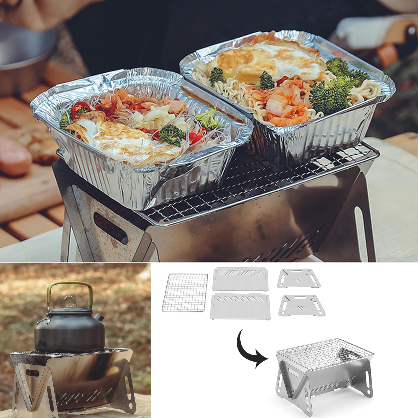 Mini parrilla de camping portátil con palo de bambú/bolsa de almacenamiento, pequeña parrilla extraíble de barbacoa de mesa para acampar patio, al aire libre, parrilla de camping de acero inoxidable 3