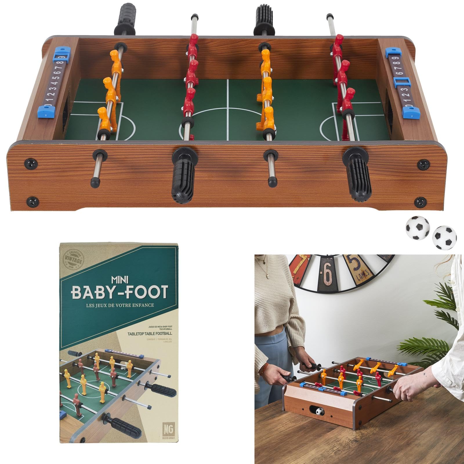MISTER GADGet - MG2018 Jeu de Table Baby-Foot - Panneaux de Score et 2 Balles - Bois, Métal et Plastique - Transportable - Dimensions 51 x 31 x 10 cm - Couleurs Aléatoires