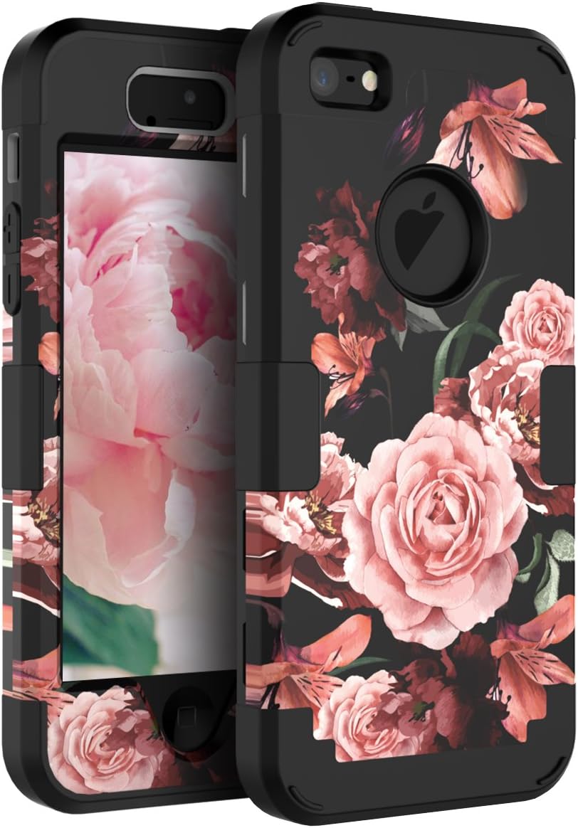 RabeMall Case for iPhone 5,Case for iPhone 5S,Case for iPhone SE Pretty Flowers for Girls/Women Anti-Fingerprint Scratch-Resistant Three Layer Shock Resistant Protective Cover,Floral Black