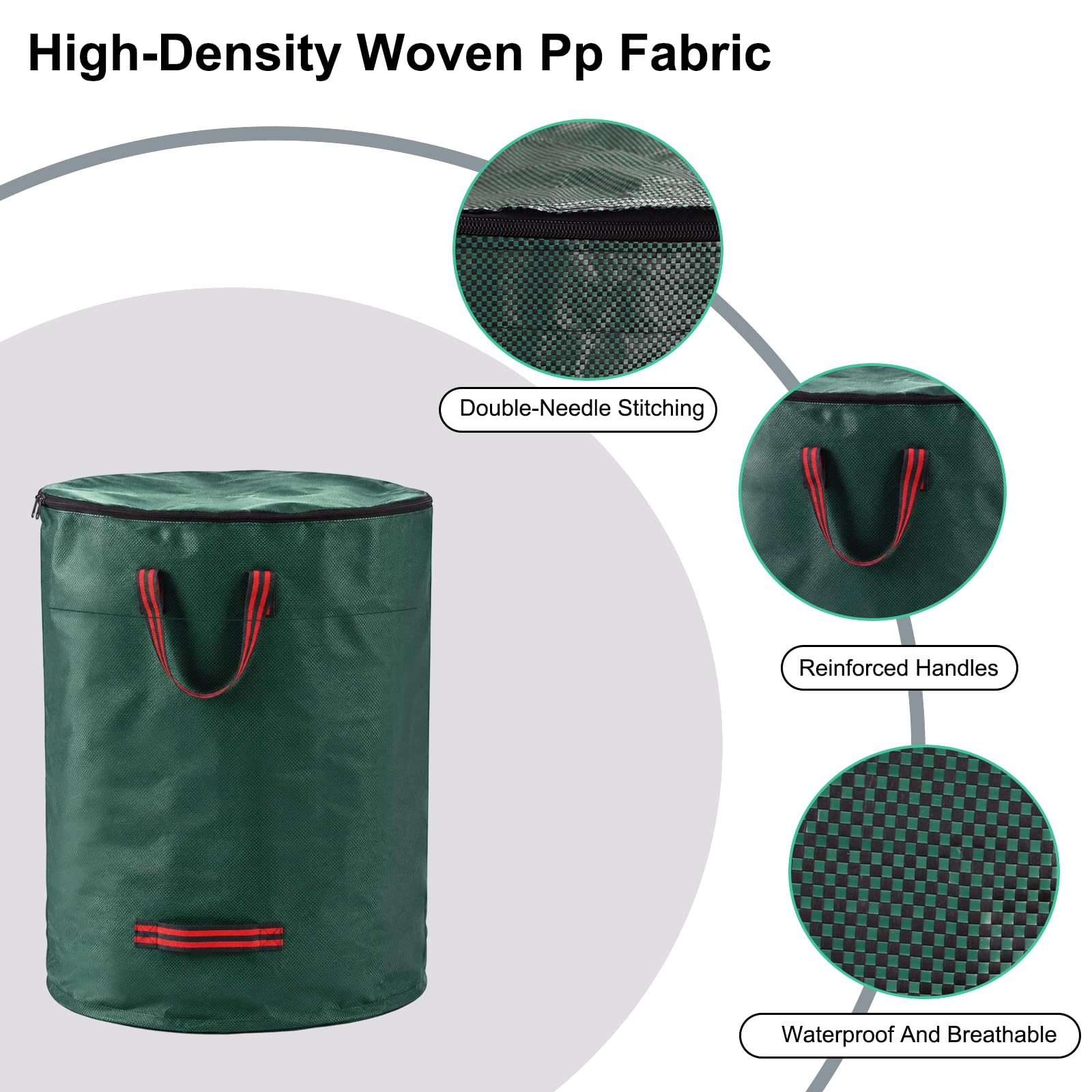 Lot de 3 sacs poubelle de jardin de 272 L, très résistants et réutilisables avec poignées et couvercle à fermeture éclair, imperméables et pliables, pour herbe, feuilles et débris, vert