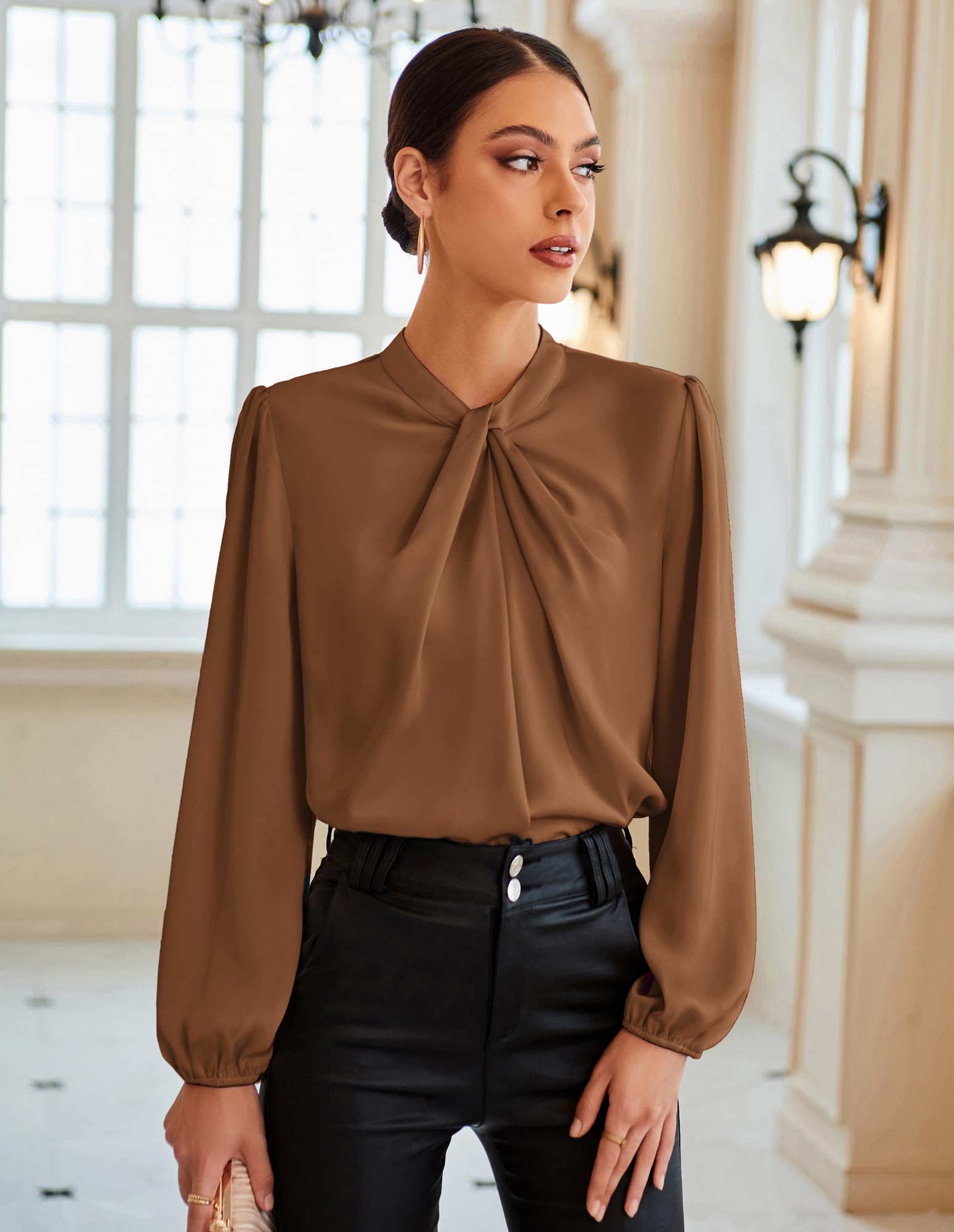 GRACE KARIN Haut décontracté à manches longues pour femme avec nœud papillon, marron foncé, L