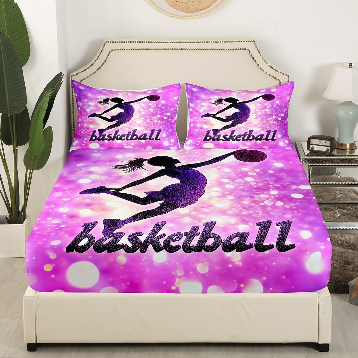 jejeloiu Basketball Fitted Sheet Twin Size Kids Sports Game Bedding Set for Boys Girls Teens Bright Purple Bed Sheet Set