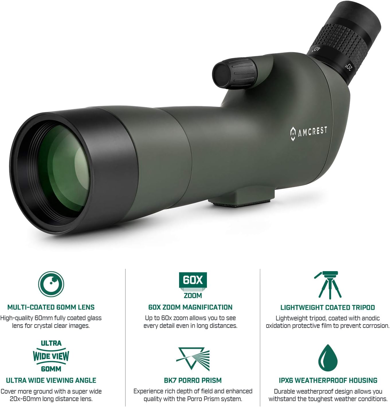 Amcrest Spotting Scope for Target Shooting w/Tripod 20-60x60mm, Multi Coated Optical Lens, Waterproof, 36-19m/1000m, Telescope with Universal Smartphone Adapter (AMSS60-G)