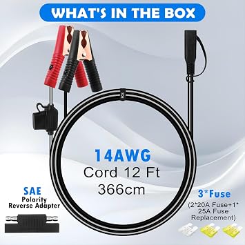 12FT 14AWG Battery Alligator Crocodile Clip to SAE Connector Extension Cable,12V SAE Quick Release Adapter to Alligator Clips Quick Disconnect Cable
