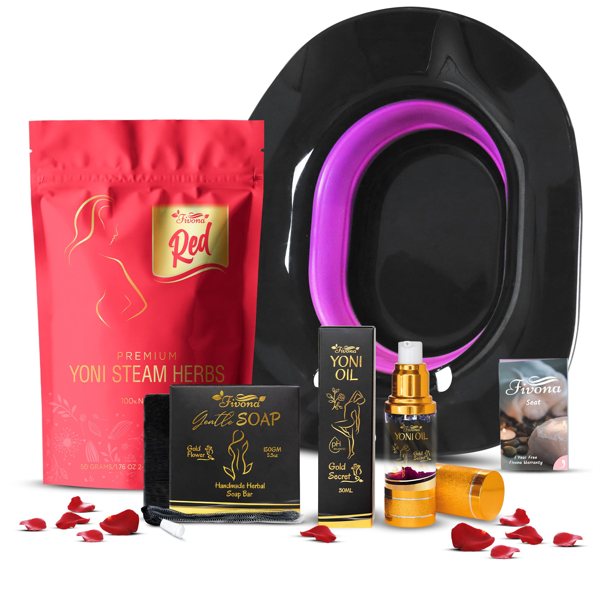 Fivona 4-in-1 Feminine Care Kit, Yoni Oil, Yoni Soap, Yoni Steaming Pot and Red Premium V Steam Herbs, Complete Herbal V Care Set