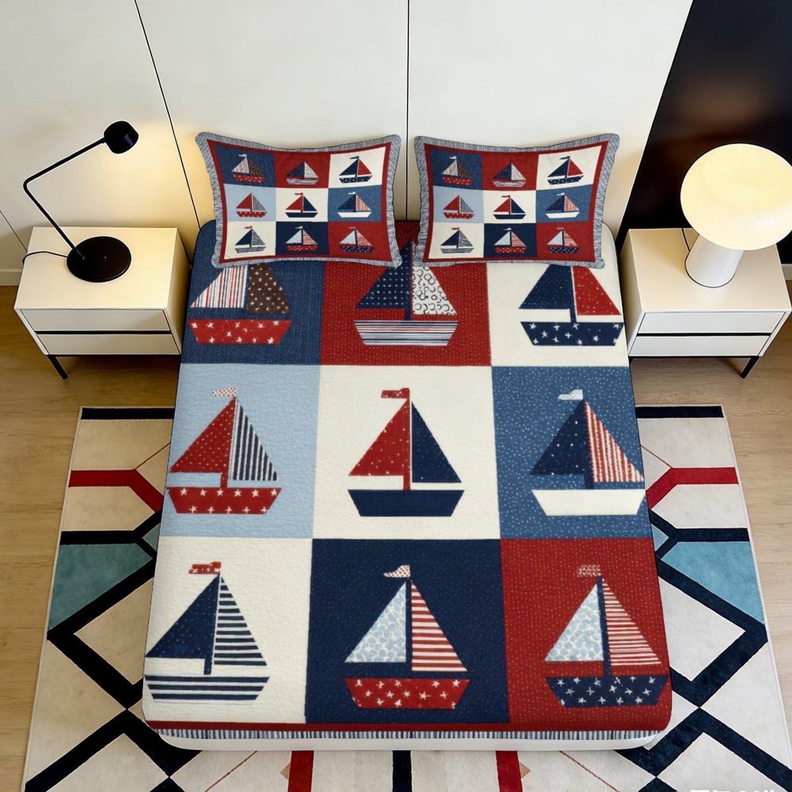 3D Printed Nautical Sailboat Fitted Sheet Microfiber Red Blue Bedroom Decor Ocean Yacht Mattress Cover 90x200x25cm