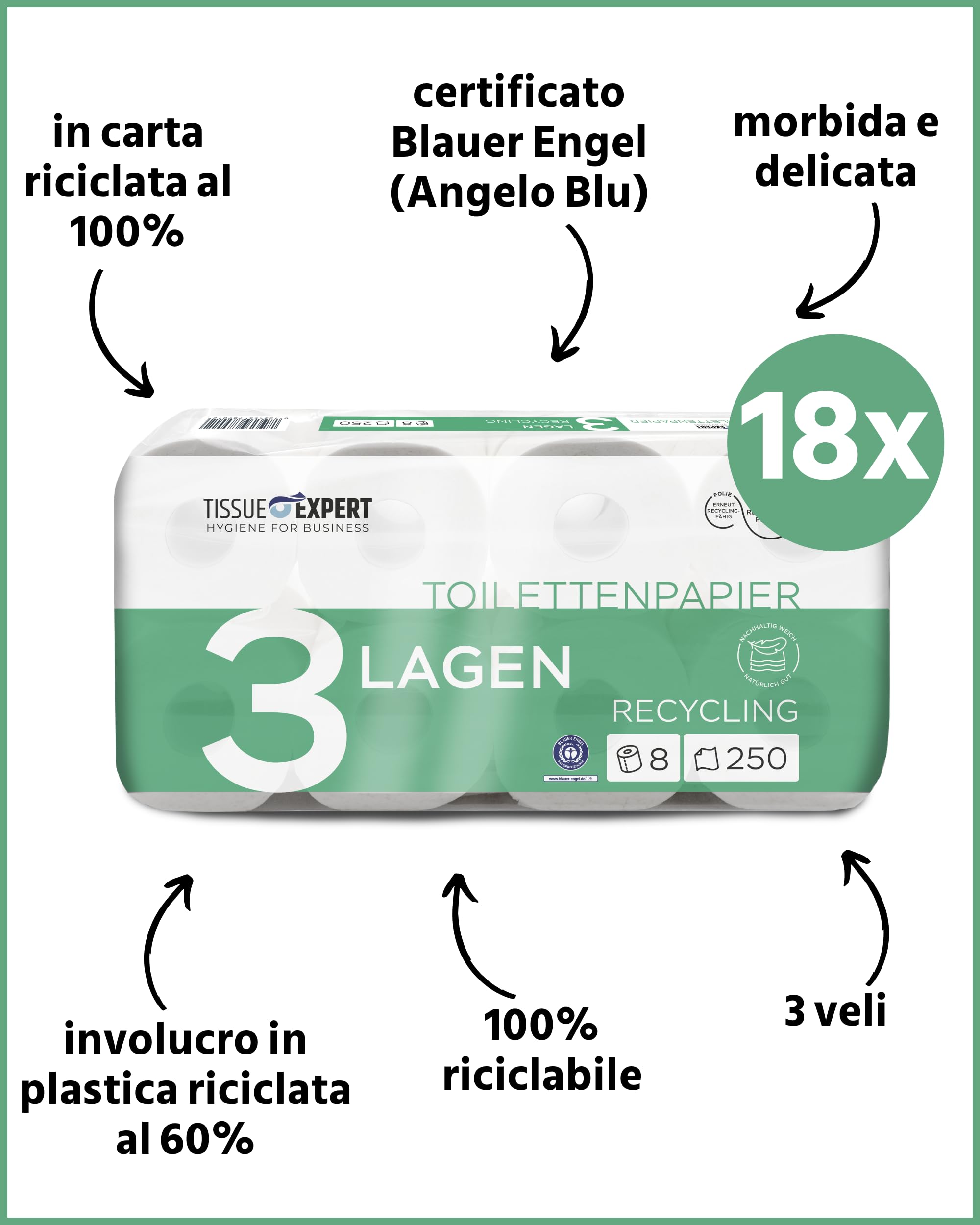 Carta igienica, 3 strati, 144 rotoli x 250 fogli, 100% riciclaggio, carta igienica super morbida, confezione grande per uso commerciale, carta igienica, ideale per molti consumatori
