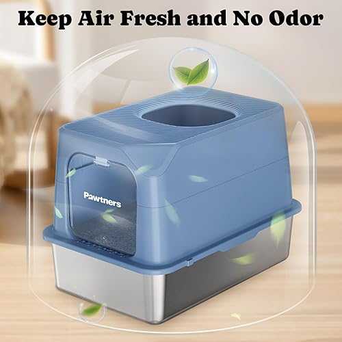 Pawtners Stainless Steel Cat Litter Box, XL Extra Large Kitty Litter Pan, Front Entry Top Exit Enclosed Metal Cat Toilet for Odor Control with Removable Lid & Scoop, Anti-Leakage, Easy to Clean(Blue)