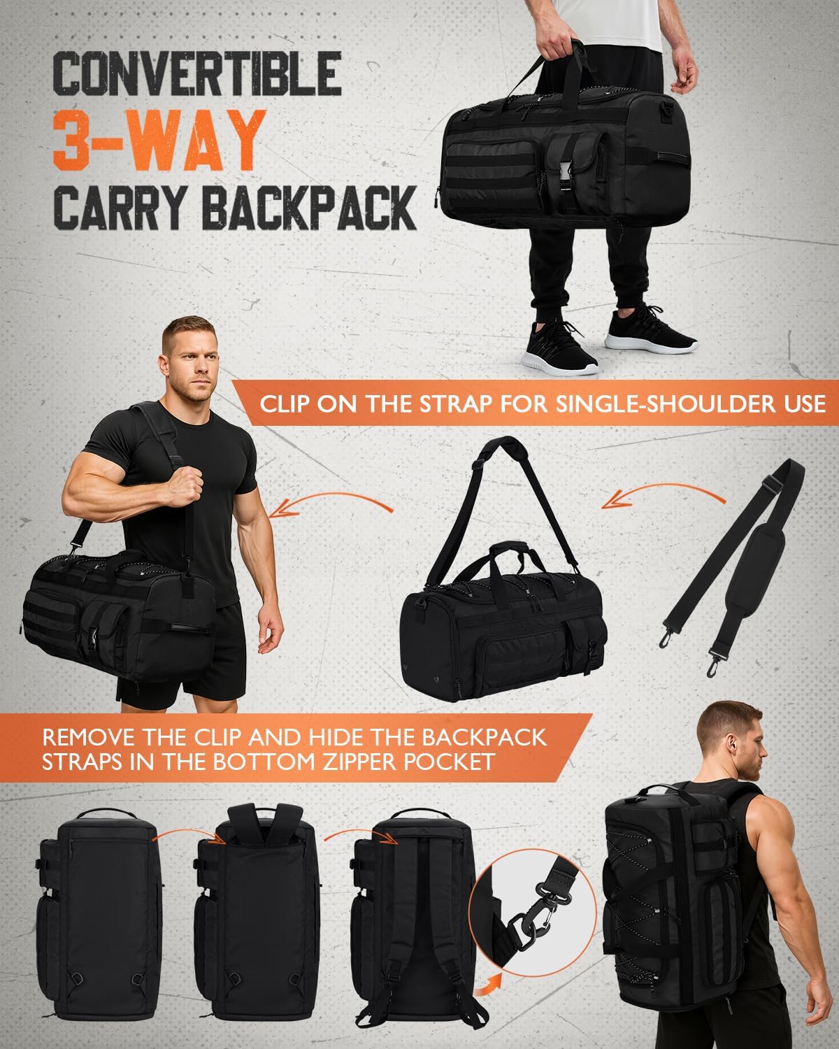 Gonex 45L Duffel Bag for Men, 3 in 1 Convertible Carry Gym Duffle with Shoe Compartment, Tactical Gear Loops, Water-Repellent Lining, Workout & Travel Bag (Black) - Image 5