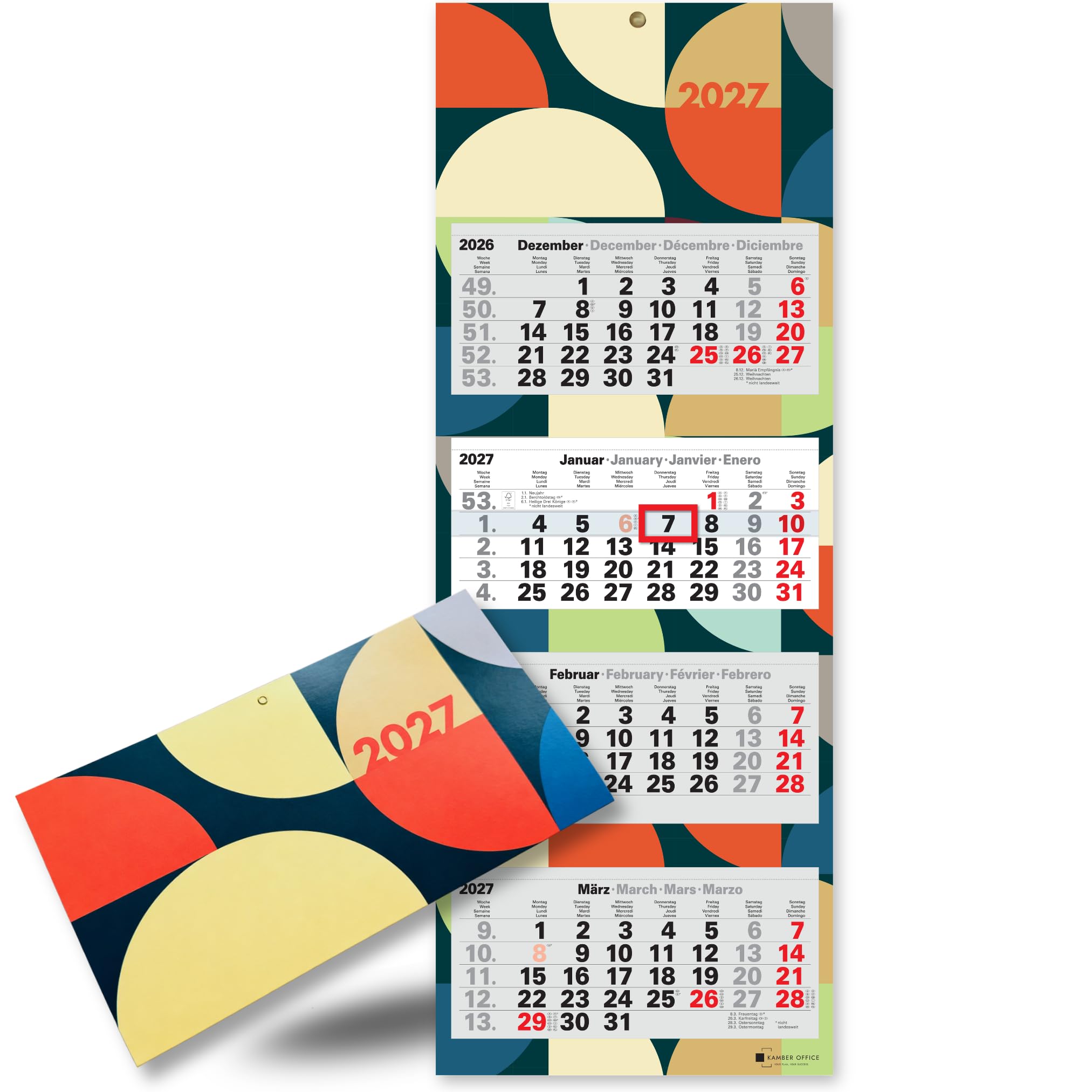 4-Month Calendar 2027 Wall Calendar with Slider, Colourful Pop Edition, Large Format 87.5 x 32 cm Office Calendar, 4 Languages with Holidays, Sturdy Back Panel and Metal Eyelet
