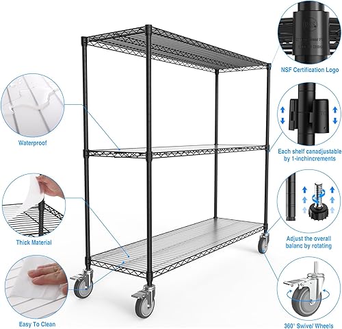 Miniatura 4 de Estantería de alambre de metal NSF de 3 niveles, estante de alambre ajustable resistente de 3000 libras con ruedas de 5 pulgadas y revestimientos de