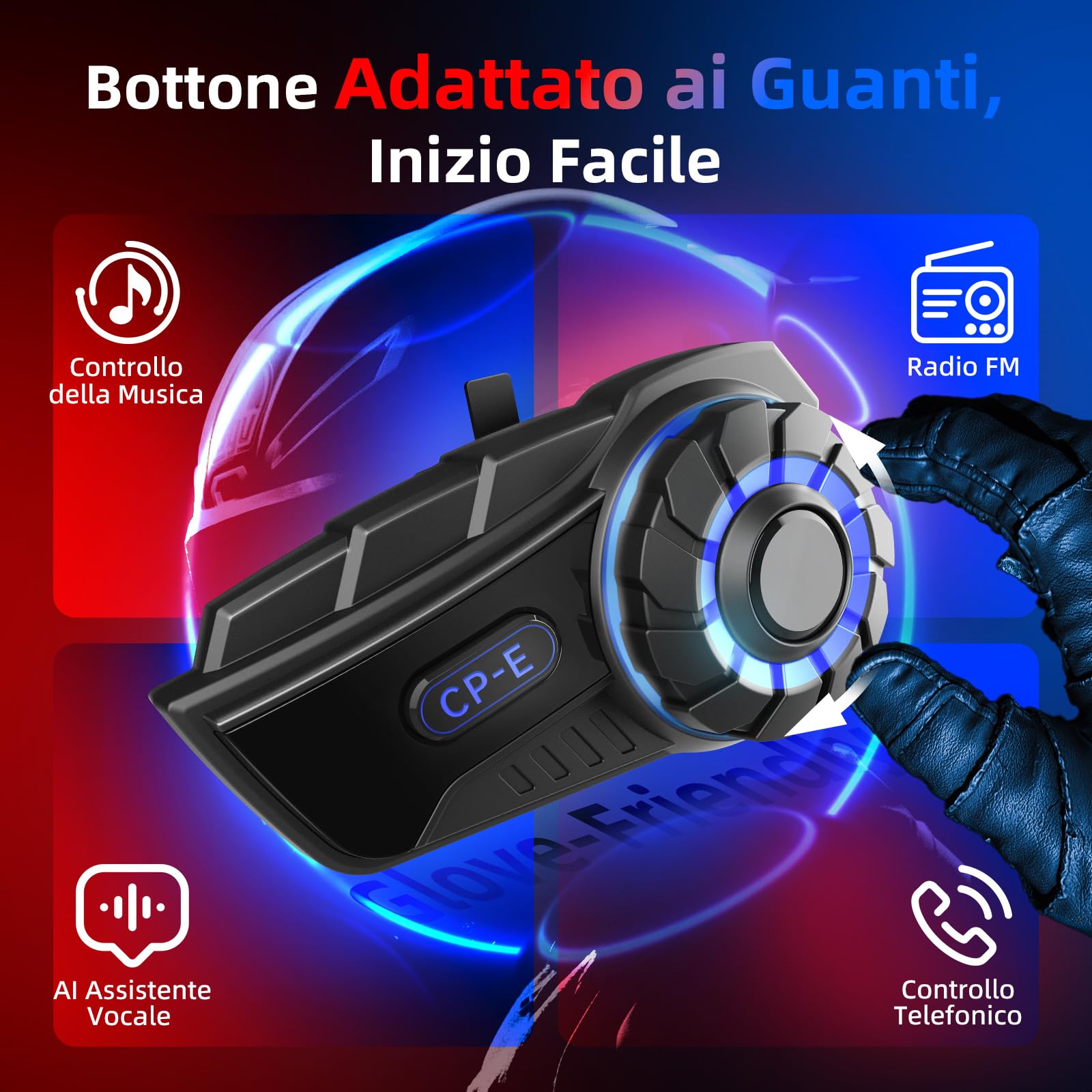 Moman Interfono Moto, CP-E Auricolare Casco Moto 6 Motociclisti 2000M Sistema di Comunicazione Connettività Universale con Cancellazione del Rumore Condivisione Musica Radio FM Impermeabile, Singolo