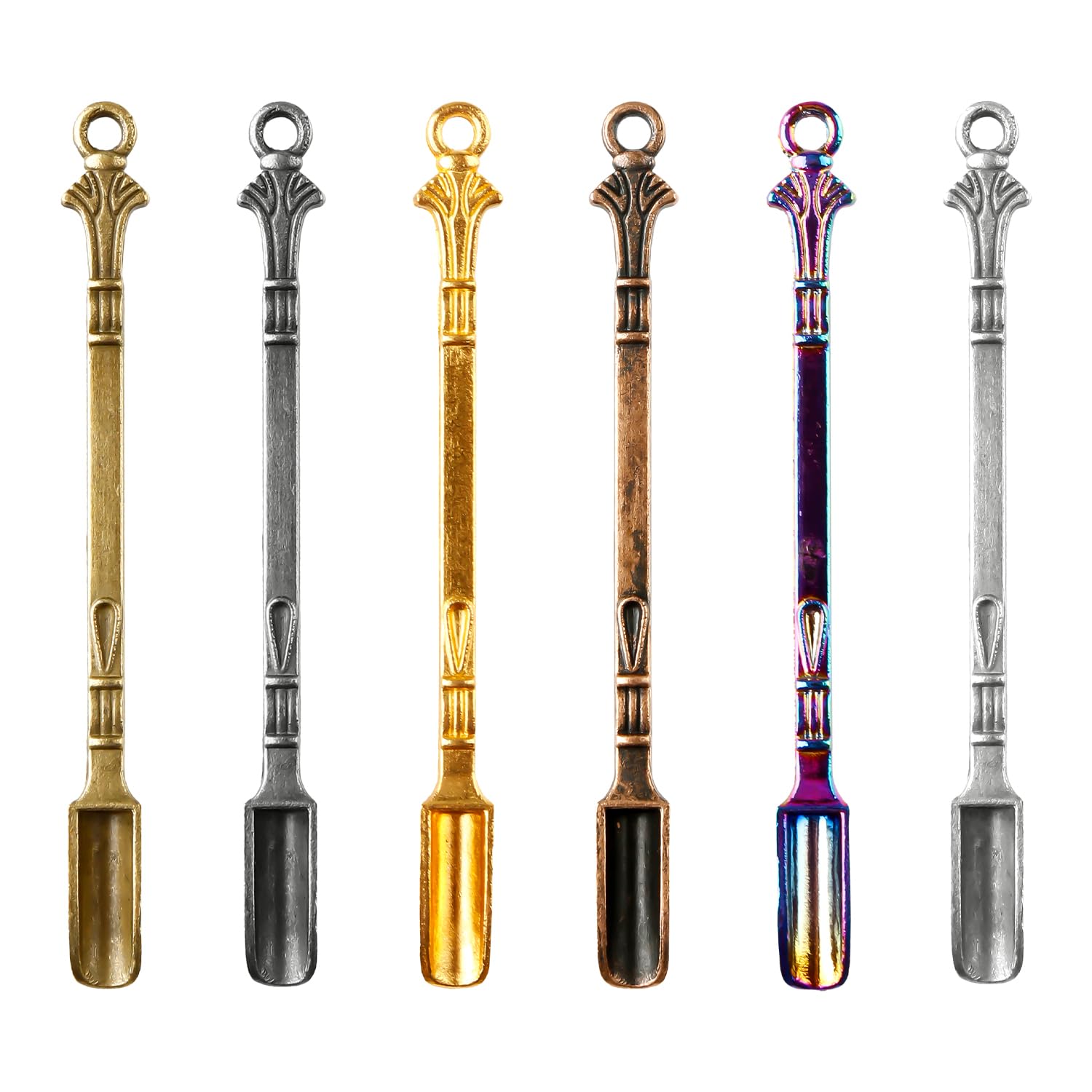 Hopzab 6 Pcs Mini Metal Measuring Spoons, Tiny Scoop Shovel for Salt, Spice, Medicine, Glitter, with Multiple Colors, Compact, Portable, Necklace Pendant