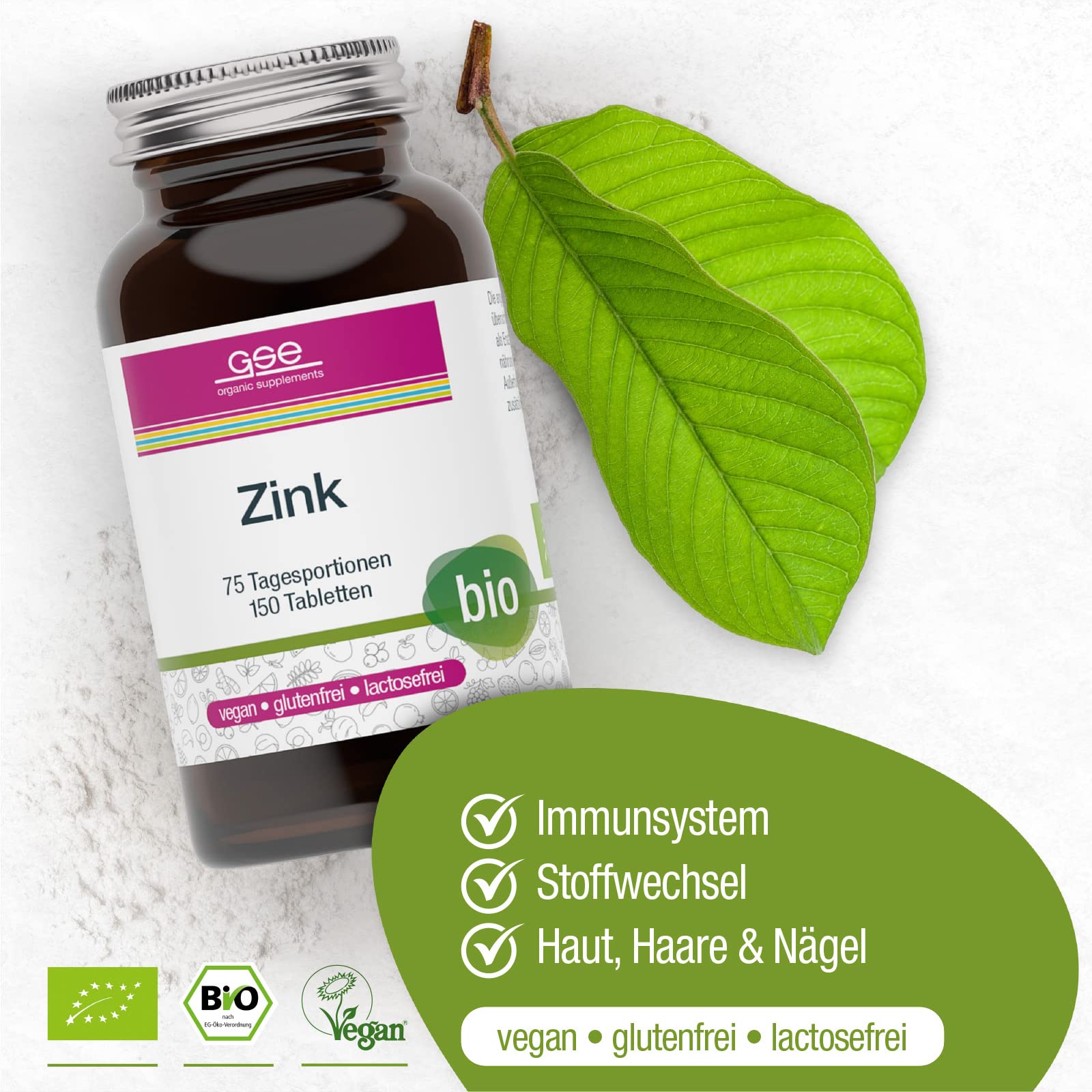 GSE Zink (BIO) - Bio Zink Tabletten - Für Immunsystem, Stoffwechsel, Haut, Haare & Nägel - Zink Vegan, aus Bio Guavenblattextrakt - Laborgeprüft, aus Deutschland - 150 Zinktabletten (für 75 Tage)