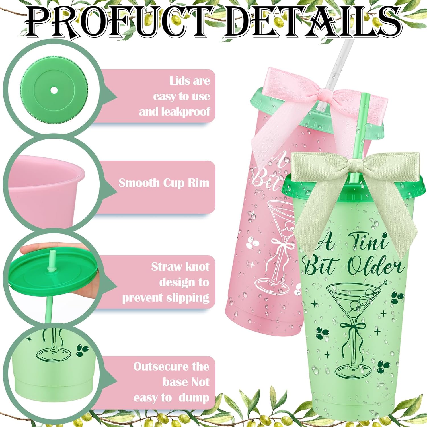 Jingmore 12 Pcs Martini Party Tini Bit Older Cups Plastic Cup 24oz a Plastic tumbler with Lids and Straws for Martini Birthday Decoration Bachelorette Bridal Shower Party Supplies(Green,Pink,Olive)