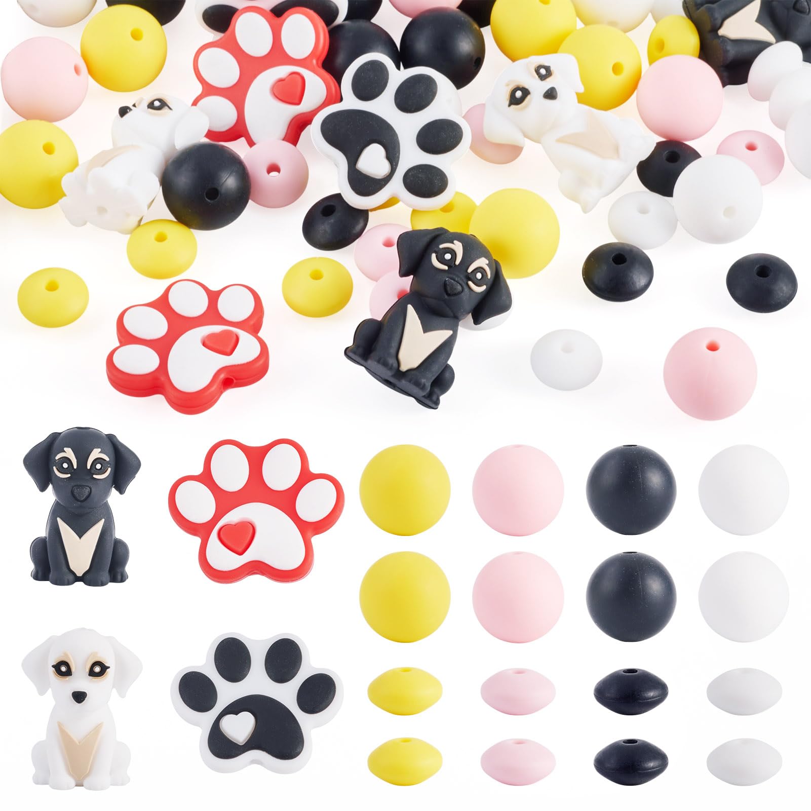 Craftora 52 Pcs Dog Silicone Beads Paw Print Rubber Beads Cute Animal Focal Bead Round Rondelle Loose Bead for Jewelry Making Beadable Pens DIY Crafts