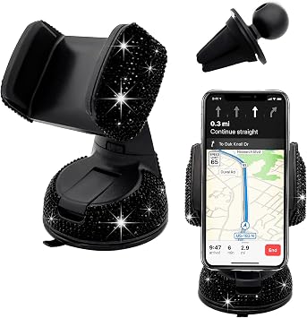 Bling Car Phone Holder, 360 Degree Adjustable Crystal Auto Dashboard Air Vent Cell Phone Mount, Universal Car Phone Holder Mount for Windshield Dashboard and Air Outlet Black